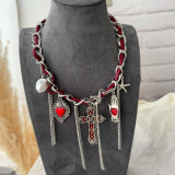 Red enamel hand charm necklace