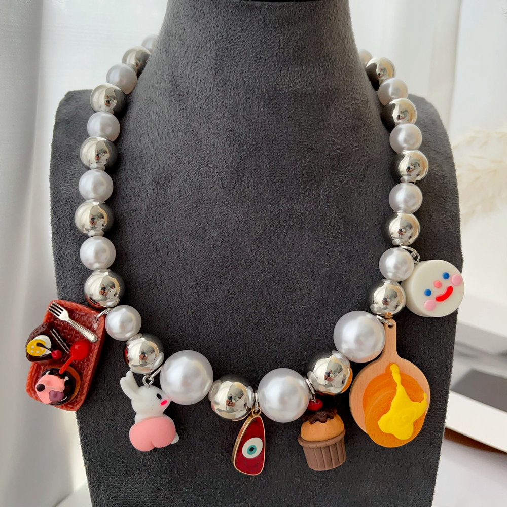 Glass pearl bead charm necklace