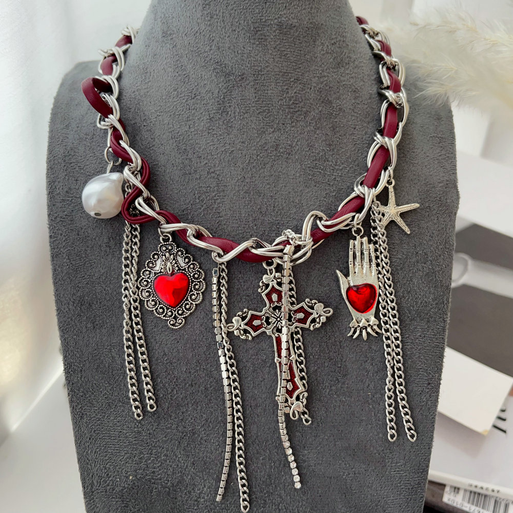 Red enamel hand charm necklace