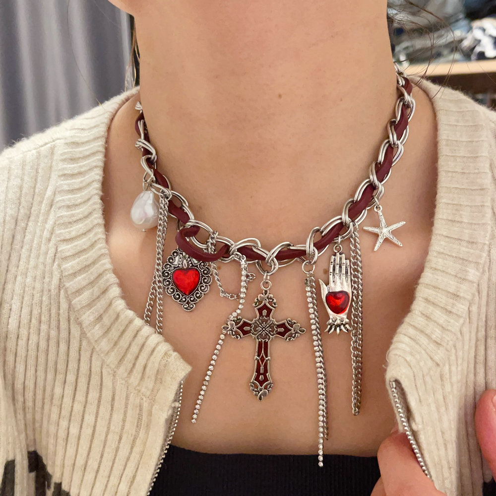 Red enamel hand charm necklace