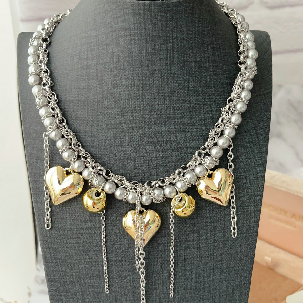 Heart charm grey pearl necklace