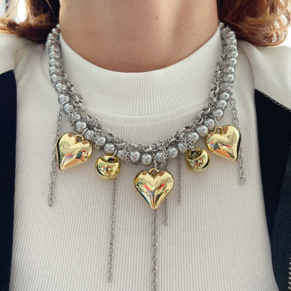 Heart charm grey pearl necklace
