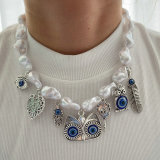 Glass pearl necklace with eye charm