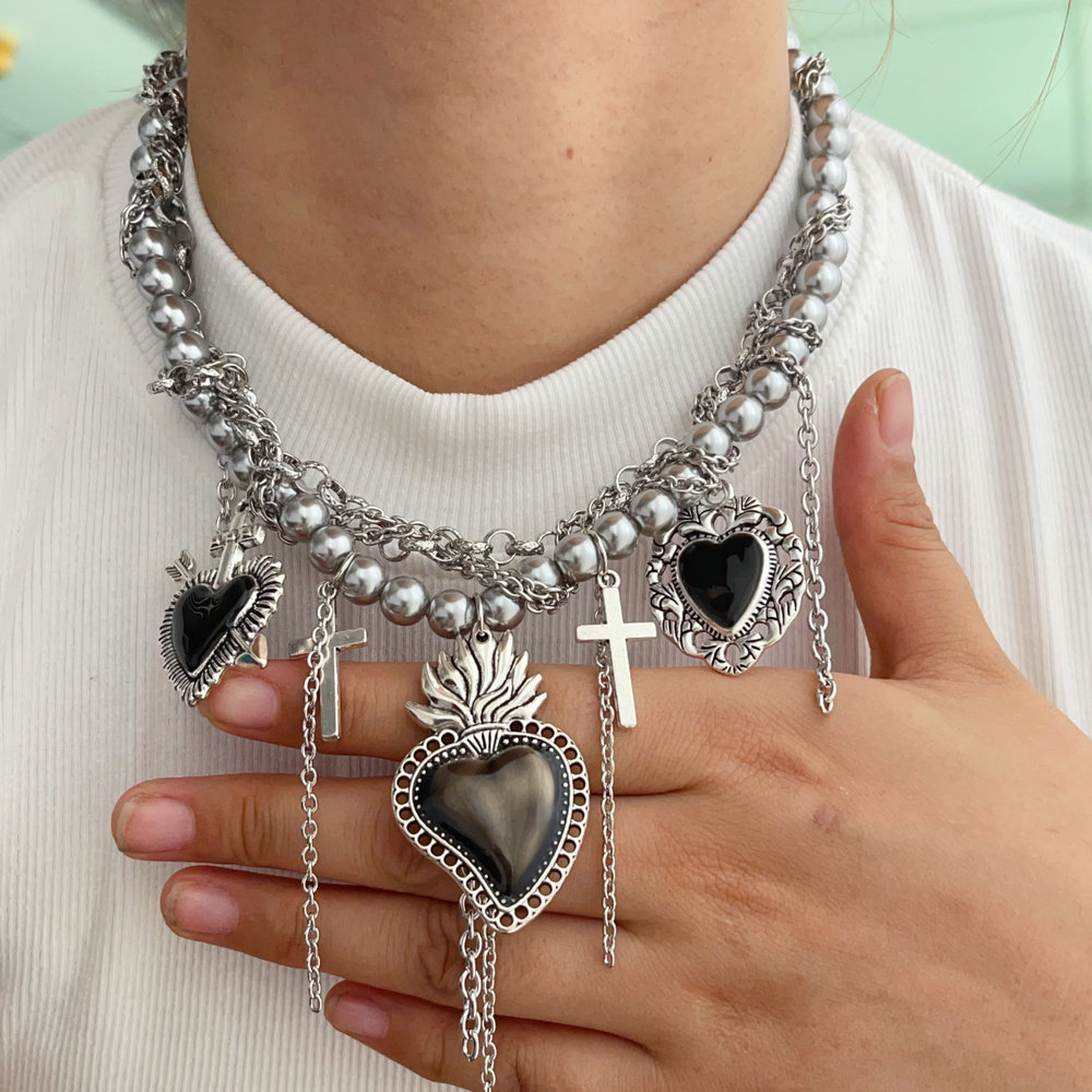 Heart charm grey pearl necklace