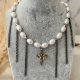 Glass pearl necklace with black chain tassel