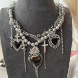 Heart charm grey pearl necklace