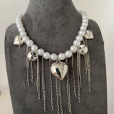 Chunky glass pearl heart charm necklace