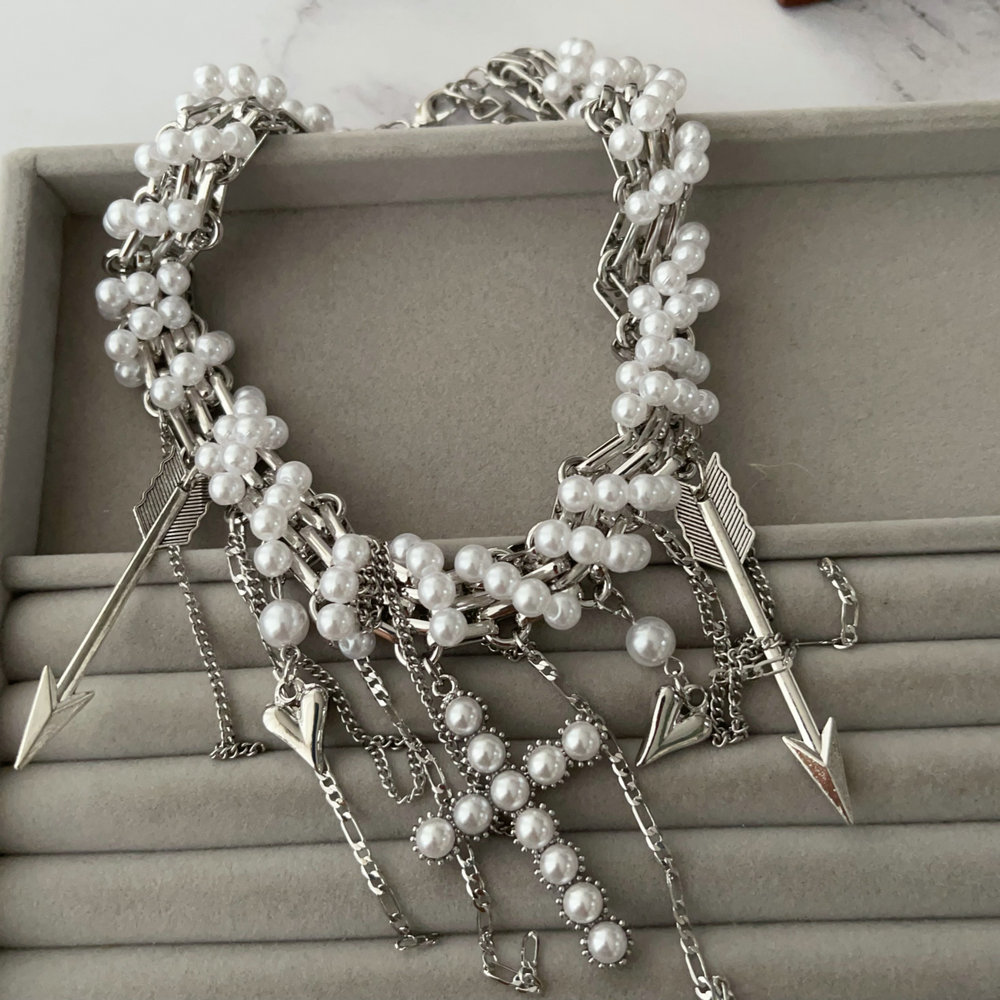 Chunky glass pearl necklace with cross pendant