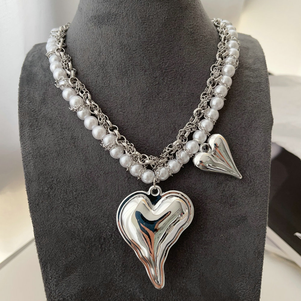 Grey bead heart necklace