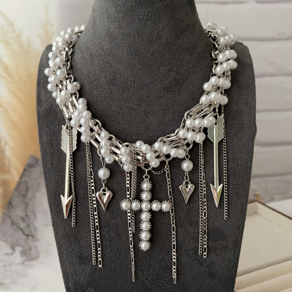 Chunky glass pearl necklace with cross pendant