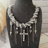 Chunky glass pearl necklace with cross pendant