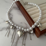 Chunky glass pearl heart charm necklace