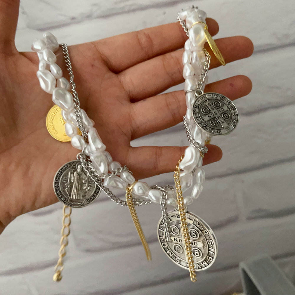 Glass pearl with coin pendant necklace