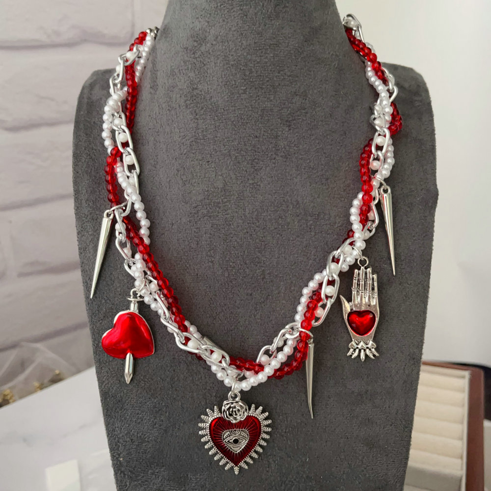 Red charm beaded necklace