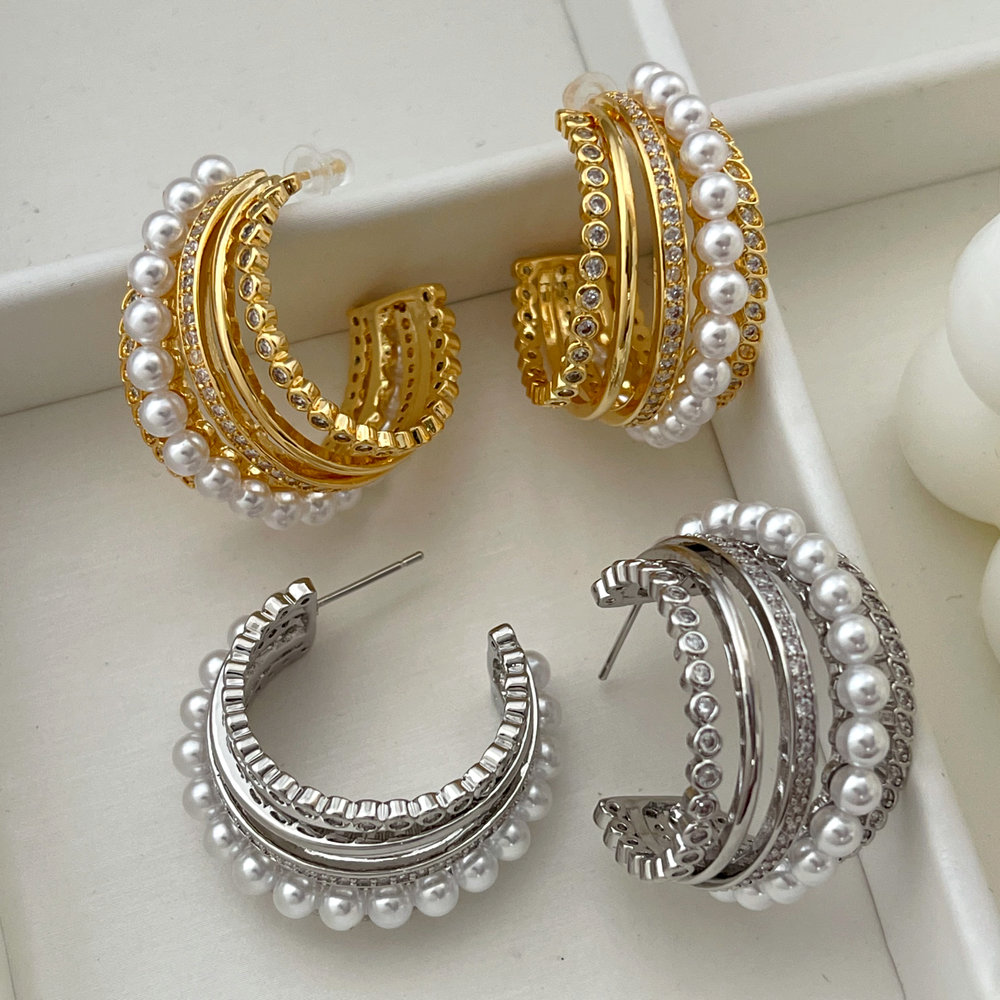 Pave pearl fan earrings