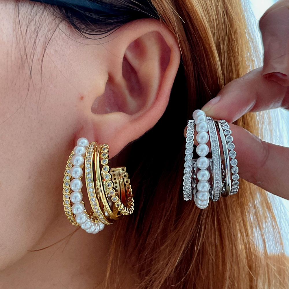 Pave pearl fan earrings