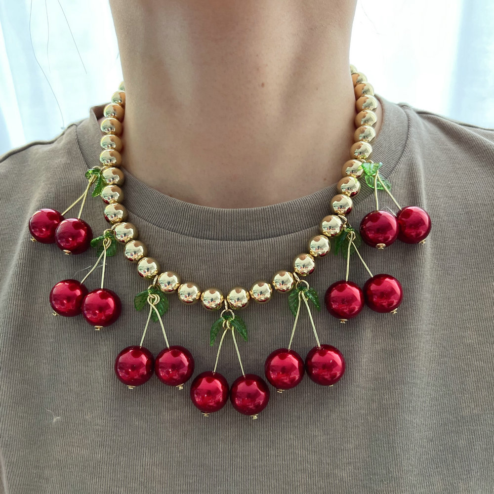 Red cherry charm bead necklace