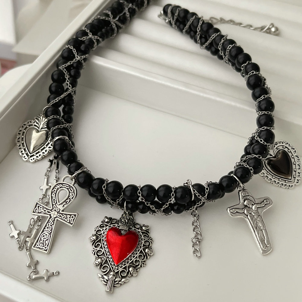 Black bead heart charm necklace