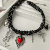 Black bead heart charm necklace