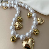 Heart charm glass pearl necklace