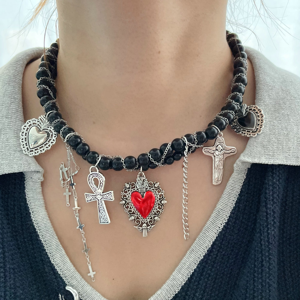 Black bead heart charm necklace