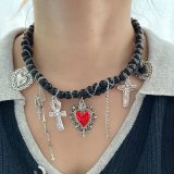 Black bead heart charm necklace