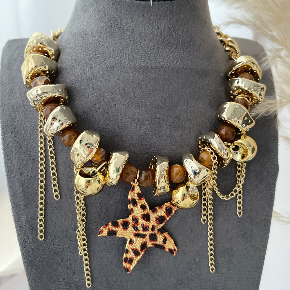Leopard print star charm necklace