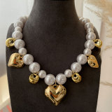 Heart charm glass pearl necklace