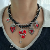 Heart charm black beaded necklace
