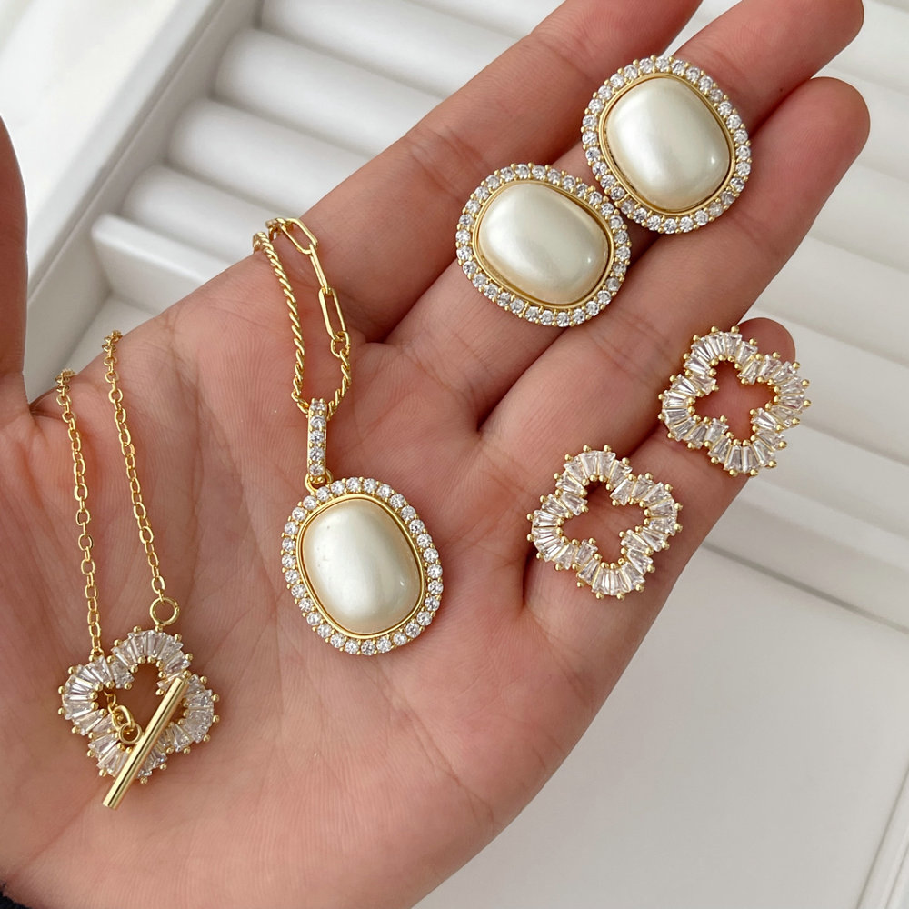 Pave set square pearl jewelry