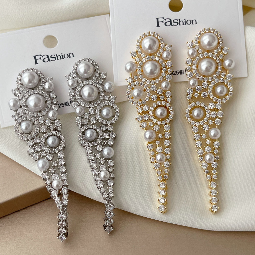 Pave zircon pearl long earrings