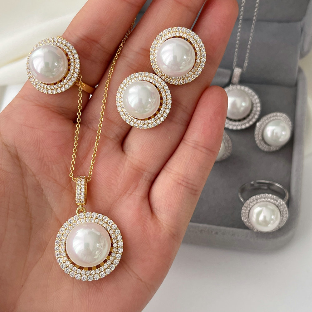 Pave zircon set pearl jewelry