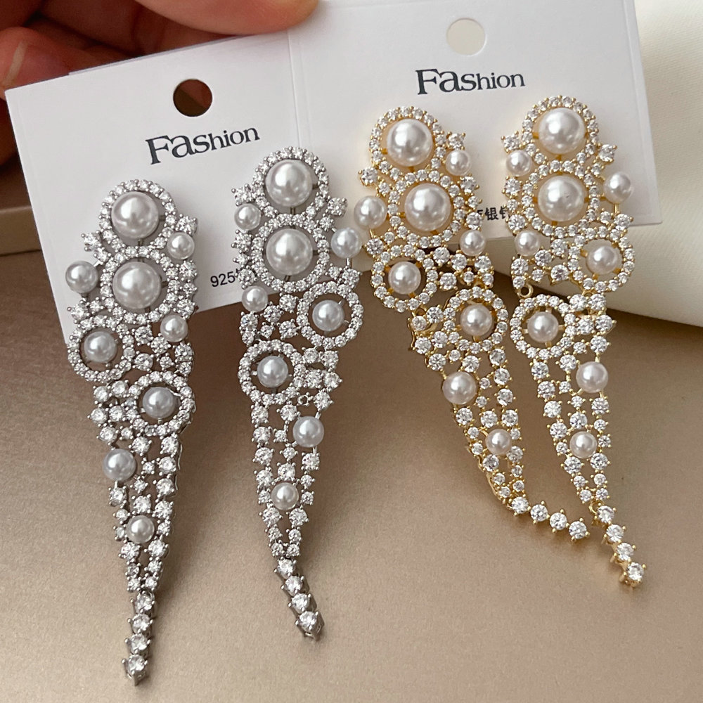 Pave zircon pearl long earrings