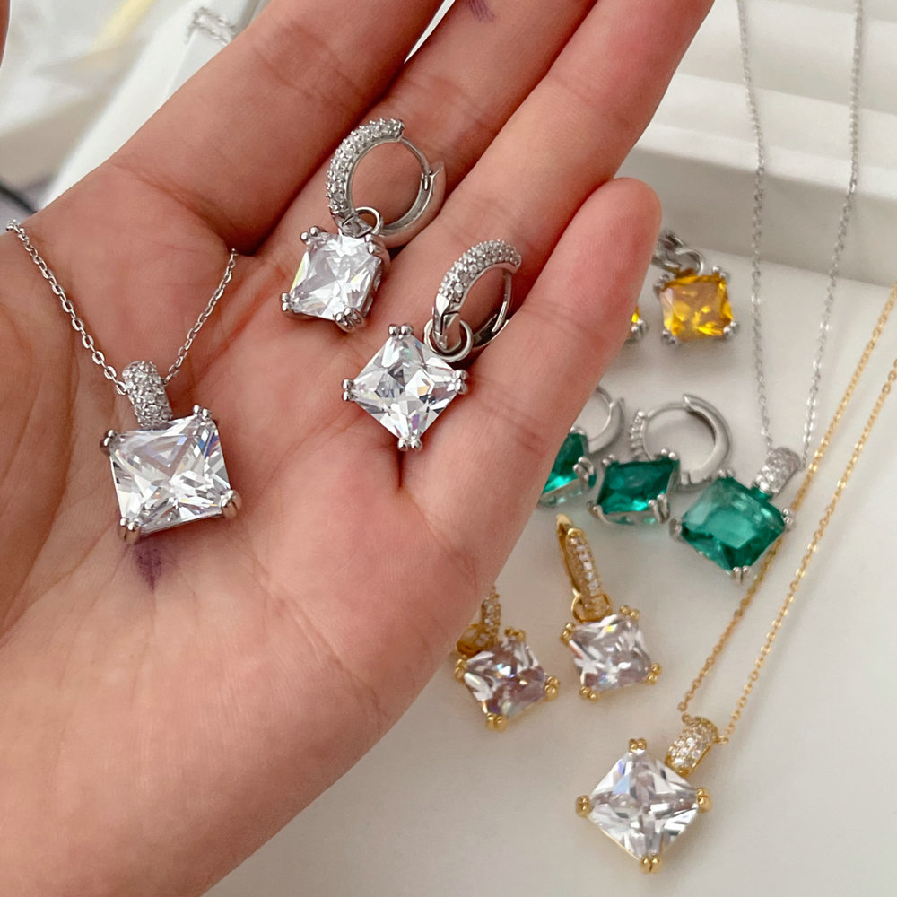 Pave zircon set square charm necklace