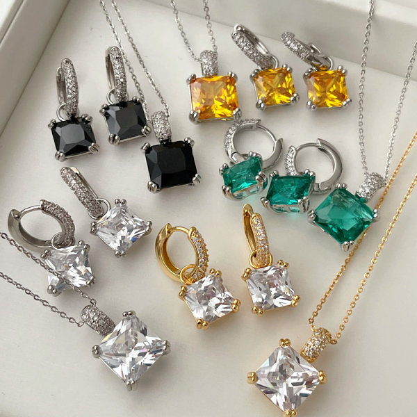 Pave zircon set square charm necklace