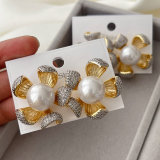 Pave zircon two tone flower earrings