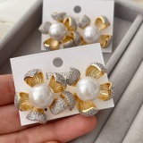 Pave zircon two tone flower earrings