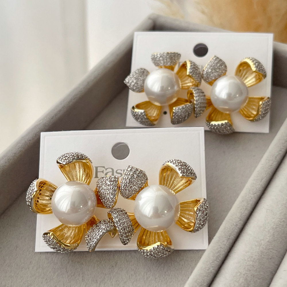 Pave zircon two tone flower earrings