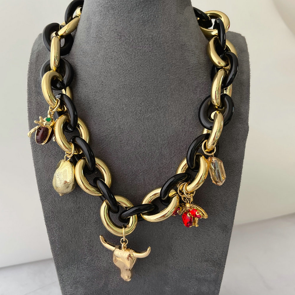 Chunky black chain horn charm necklace