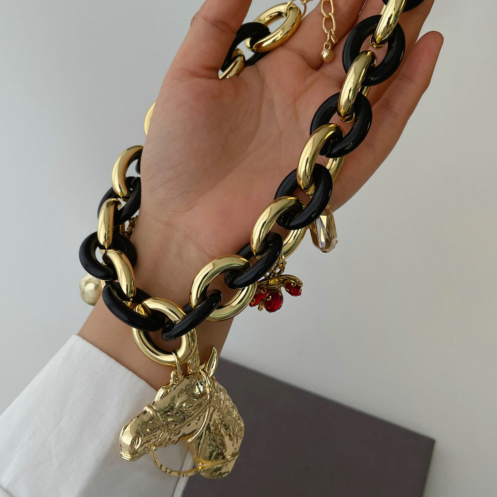 Black chain horse charm necklace