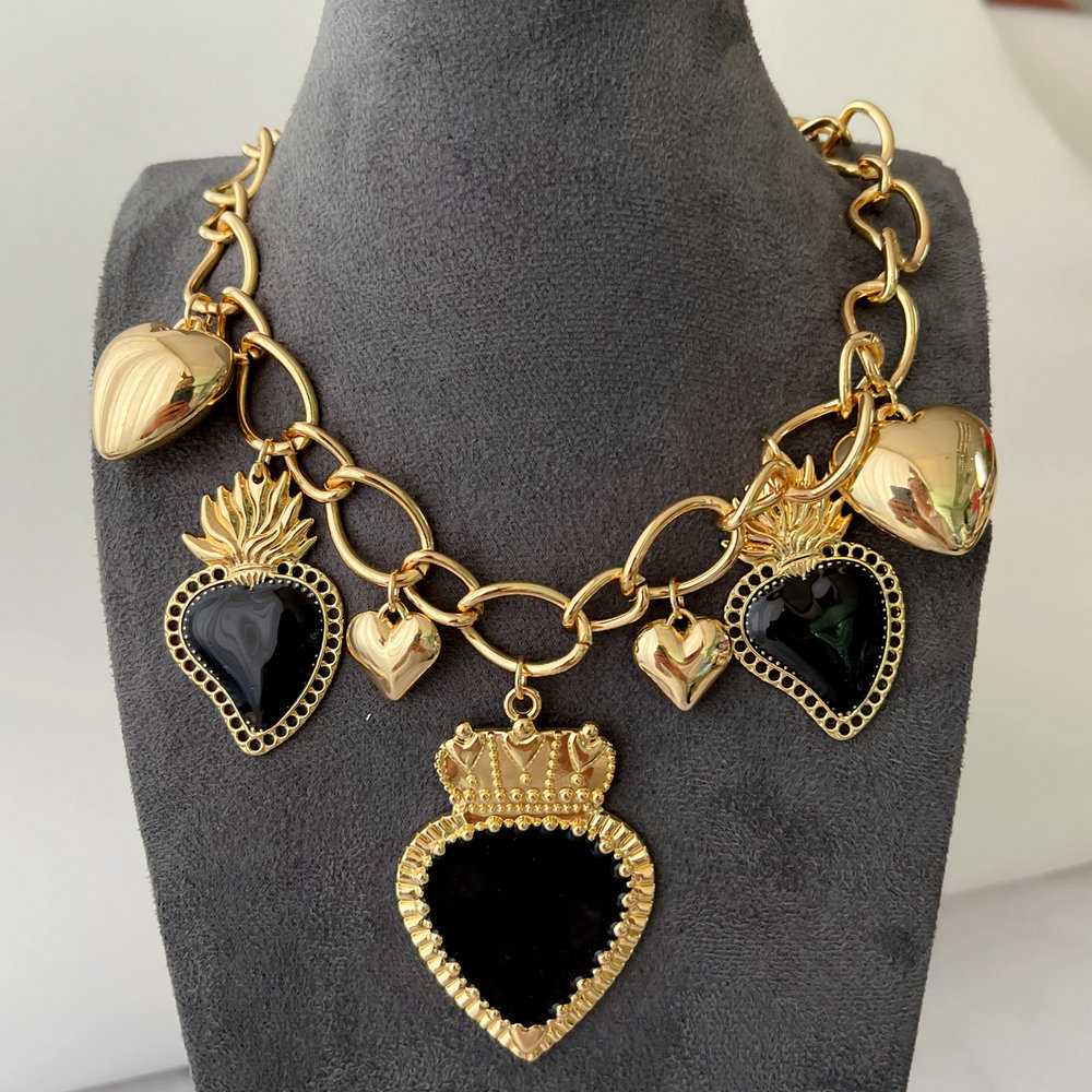 Black enamel heart chain necklace