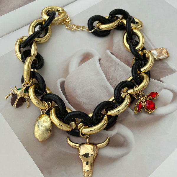 Chunky black chain horn charm necklace