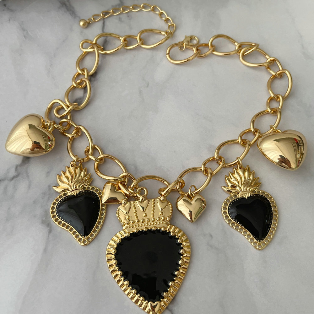 Black enamel heart chain necklace