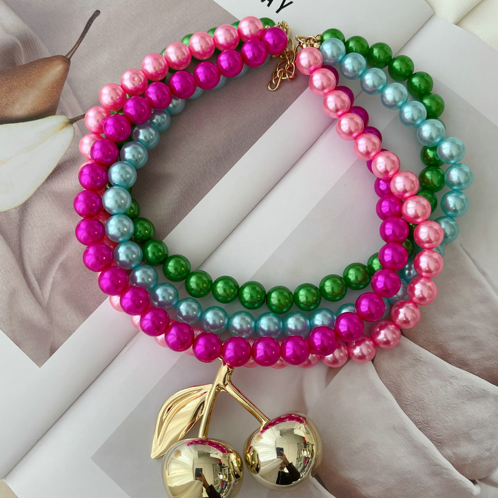 Chunky layer plastic bead necklace with cherry pendant