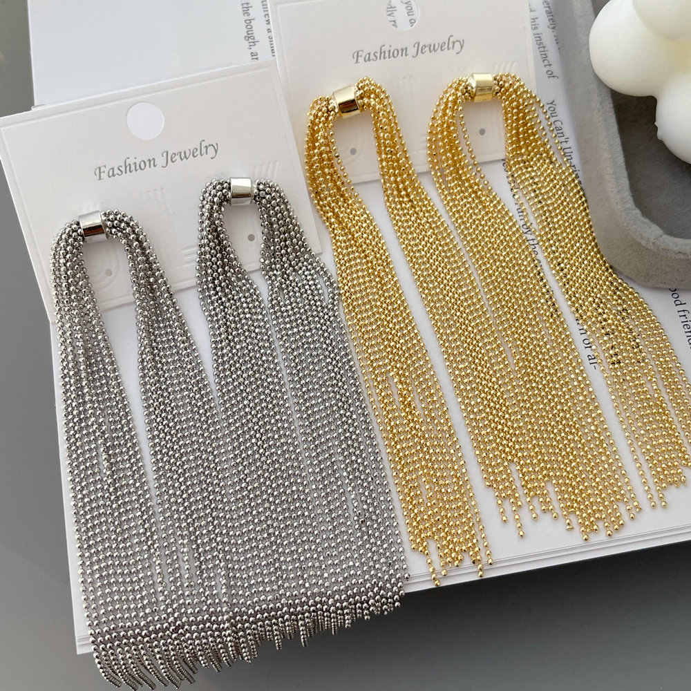 Long beaded chain tassel earrings
