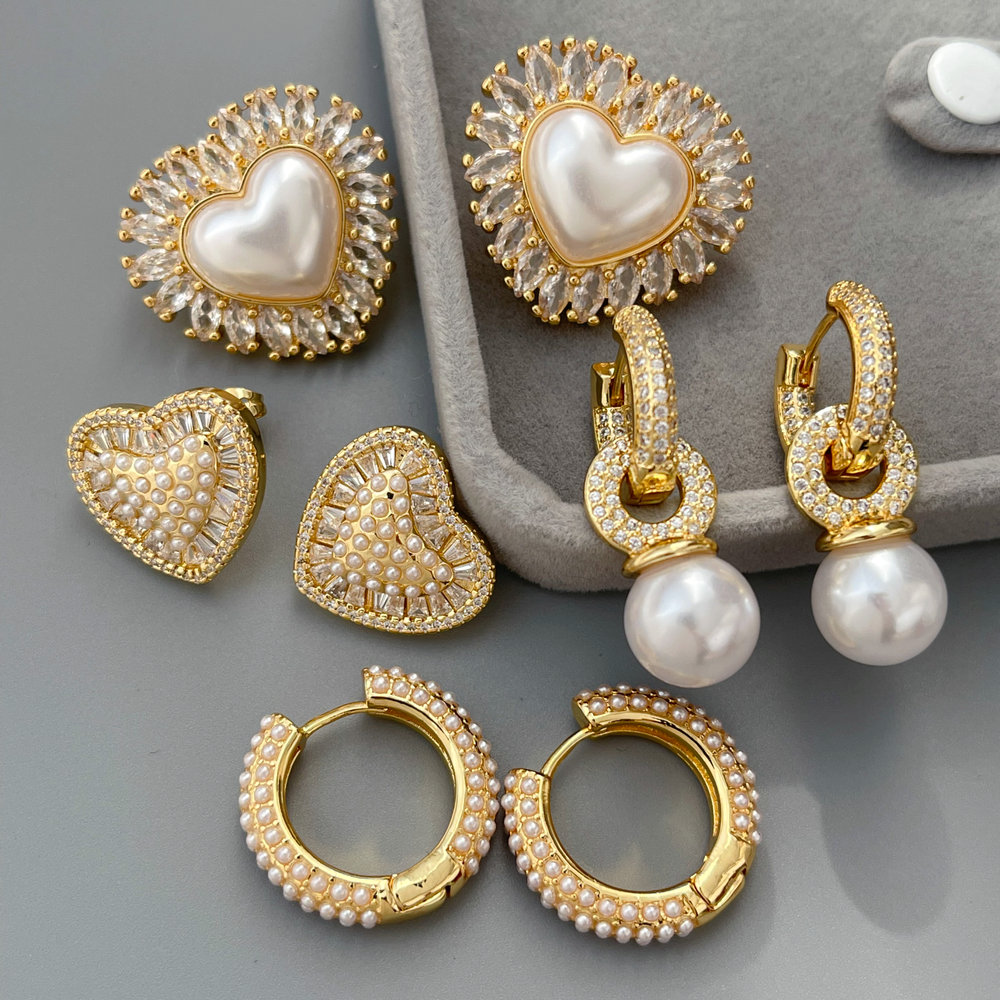 Pave zircon pearl heart earrings