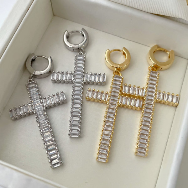 Pave zircon cross pendant earrings