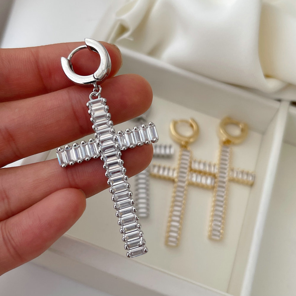Pave zircon cross pendant earrings