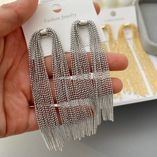 Long beaded chain tassel earrings