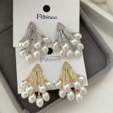 Pave zircon pearl fan earrings